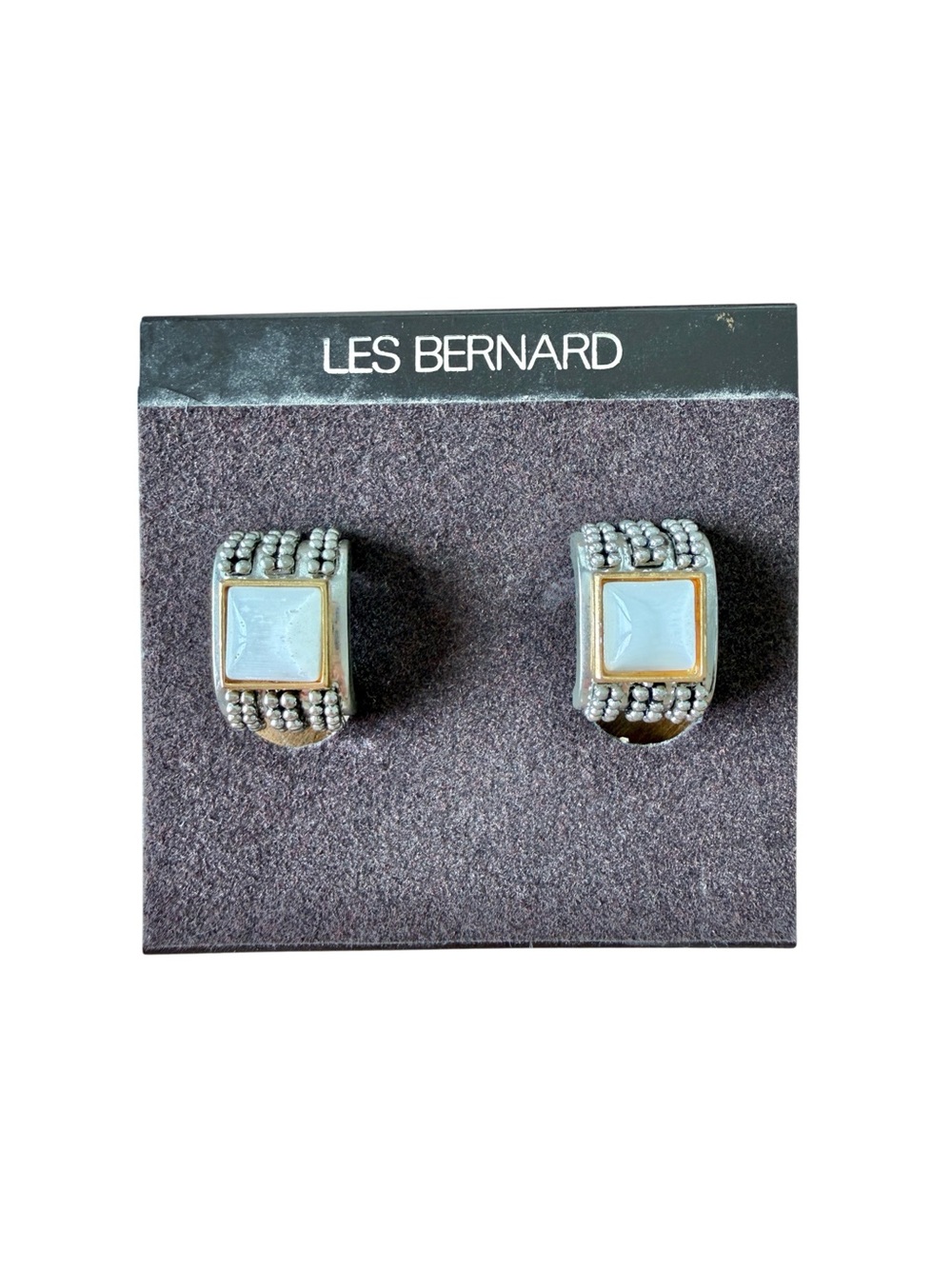 Vintage 1980s Les Bernard Mother of Pearl Mixed Metal Clip On Earrings NOS